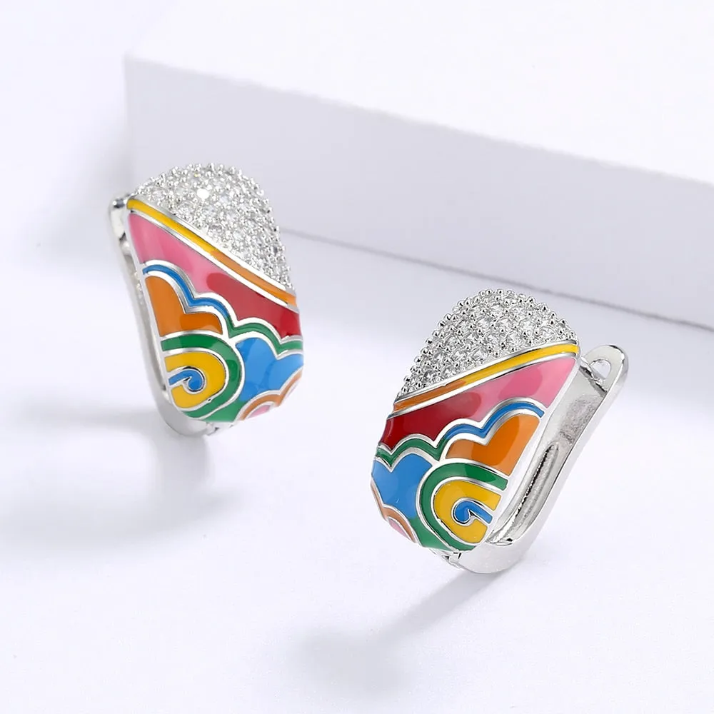 Chinese Style Moire Enamel Drop Earrings for Women with Zircon in 925 Sterling Silver