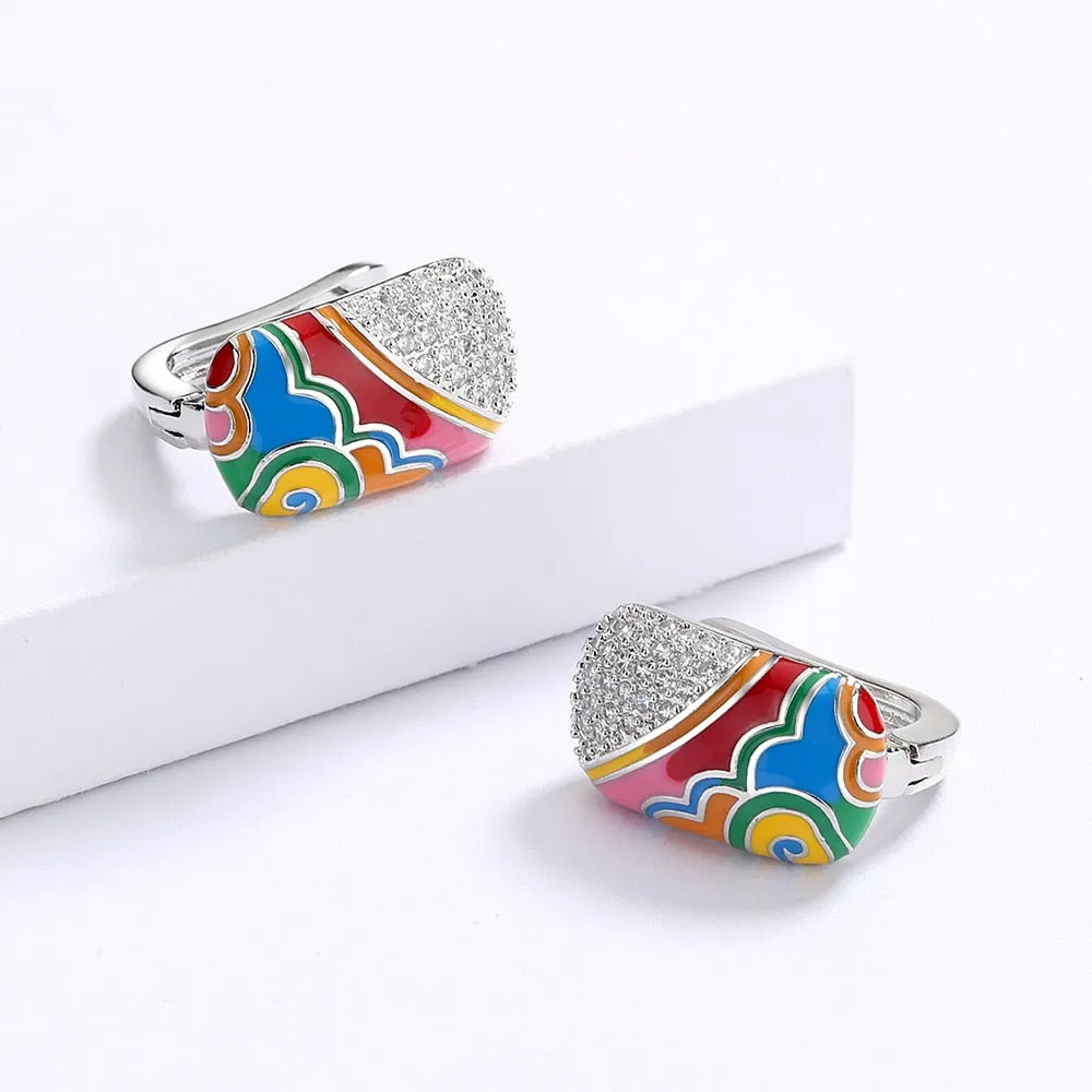 Chinese Style Moire Enamel Drop Earrings for Women with Zircon in 925 Sterling Silver