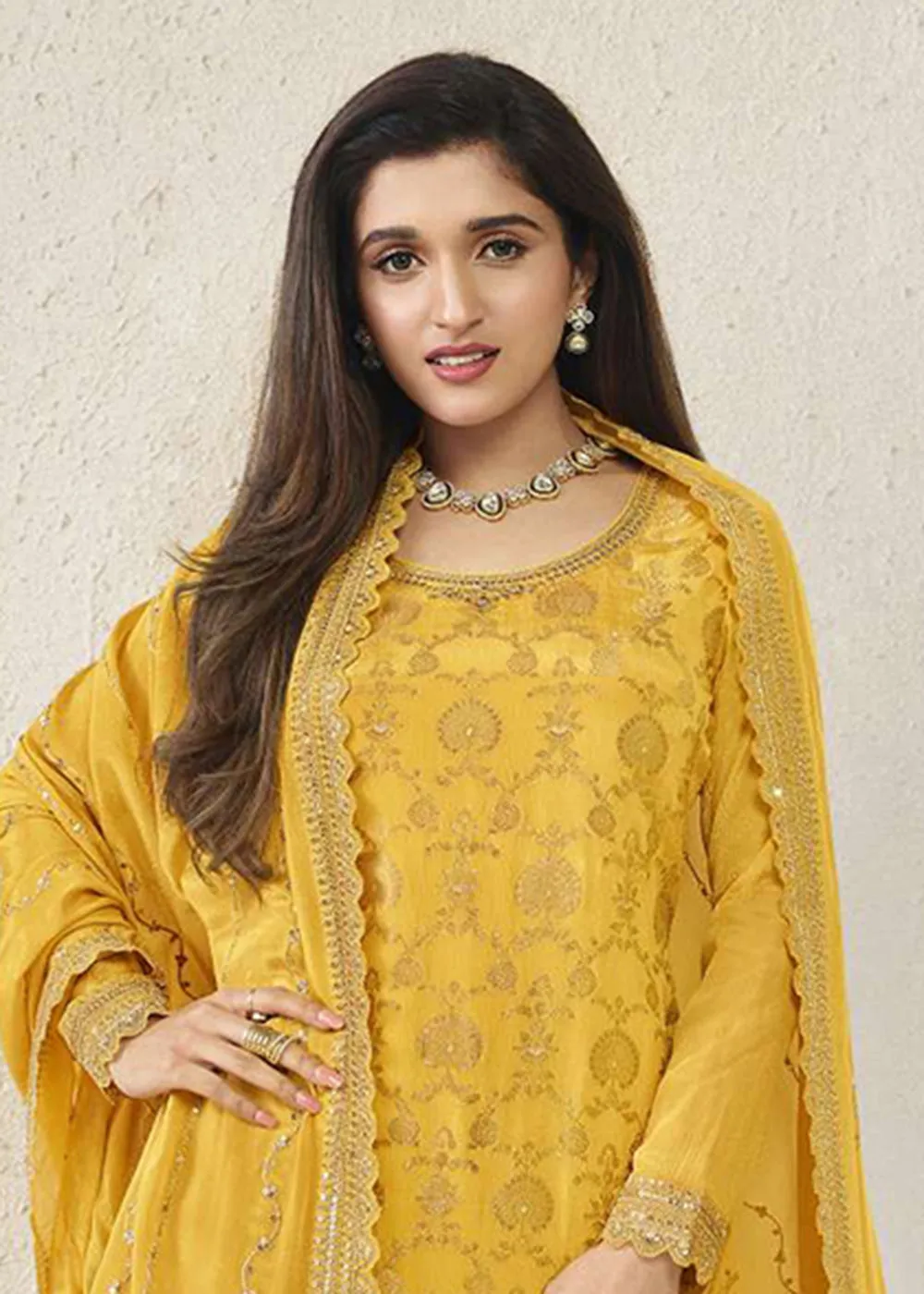 Chinnon Jacquard Yellow Zari Embroidered Palazzo Suit