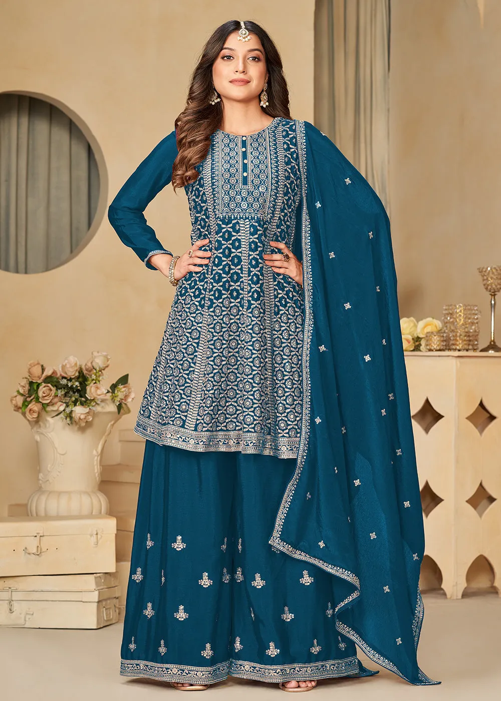 Chinnon Peacock Blue Embroidered Palazzo Salwar Suit