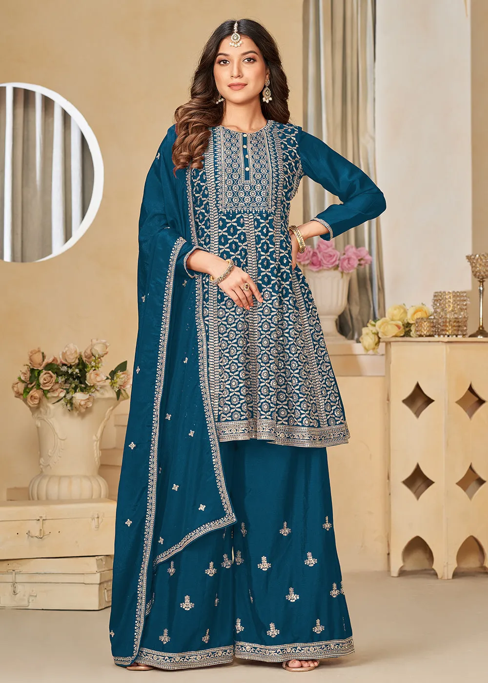 Chinnon Peacock Blue Embroidered Palazzo Salwar Suit