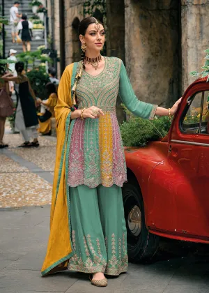 Chinnon Sea Green Multicolor Embroidered Punjabi Style Palazzo Suit