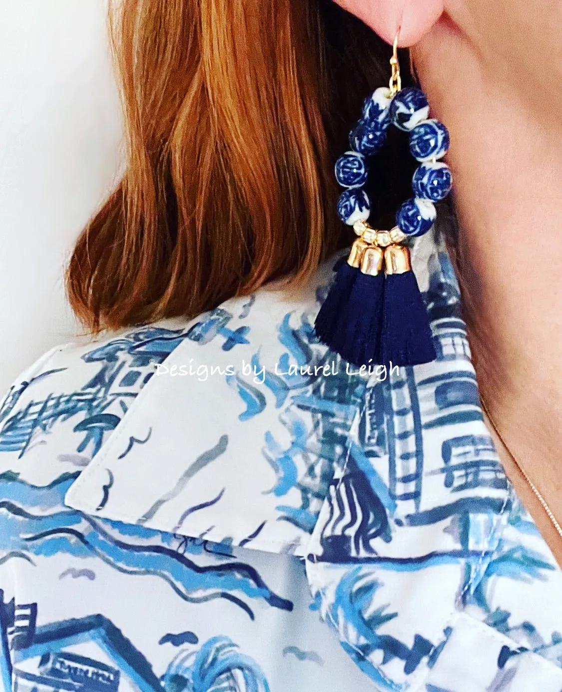 Chinoiserie Beaded Navy Tassel Hoop Earrings