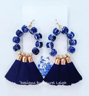 Chinoiserie Beaded Navy Tassel Hoop Earrings