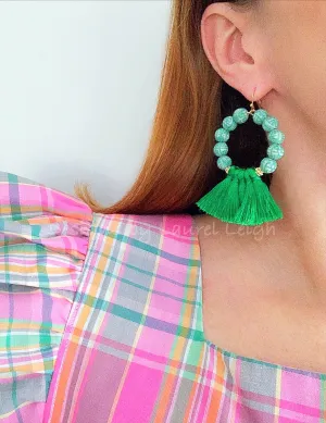 Chinoiserie Beaded Tassel Hoop Earrings - Green