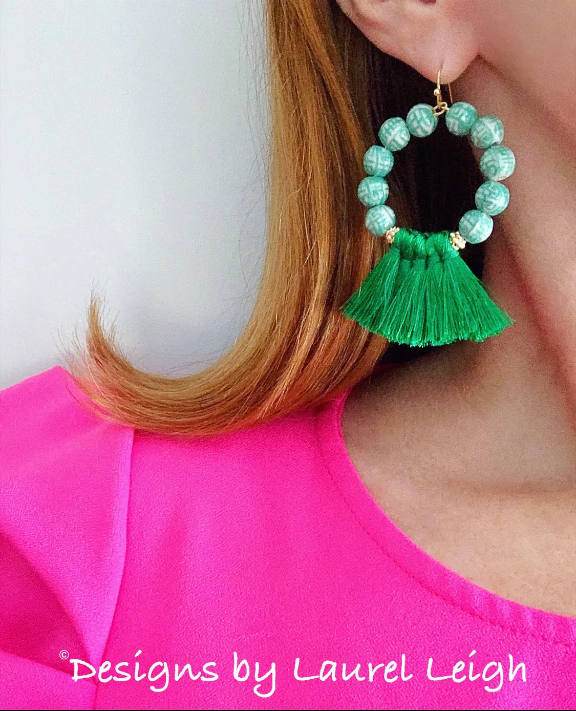 Chinoiserie Beaded Tassel Hoop Earrings - Green