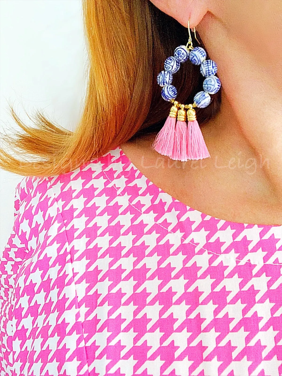 Chinoiserie Beaded Tassel Hoop Earrings - Hot Pink or Light Pink