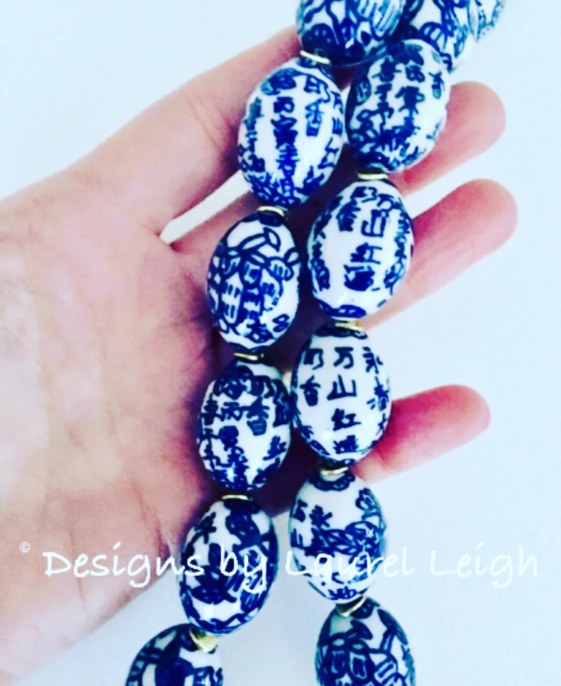 Chinoiserie Blue & White Oval Bead Necklace