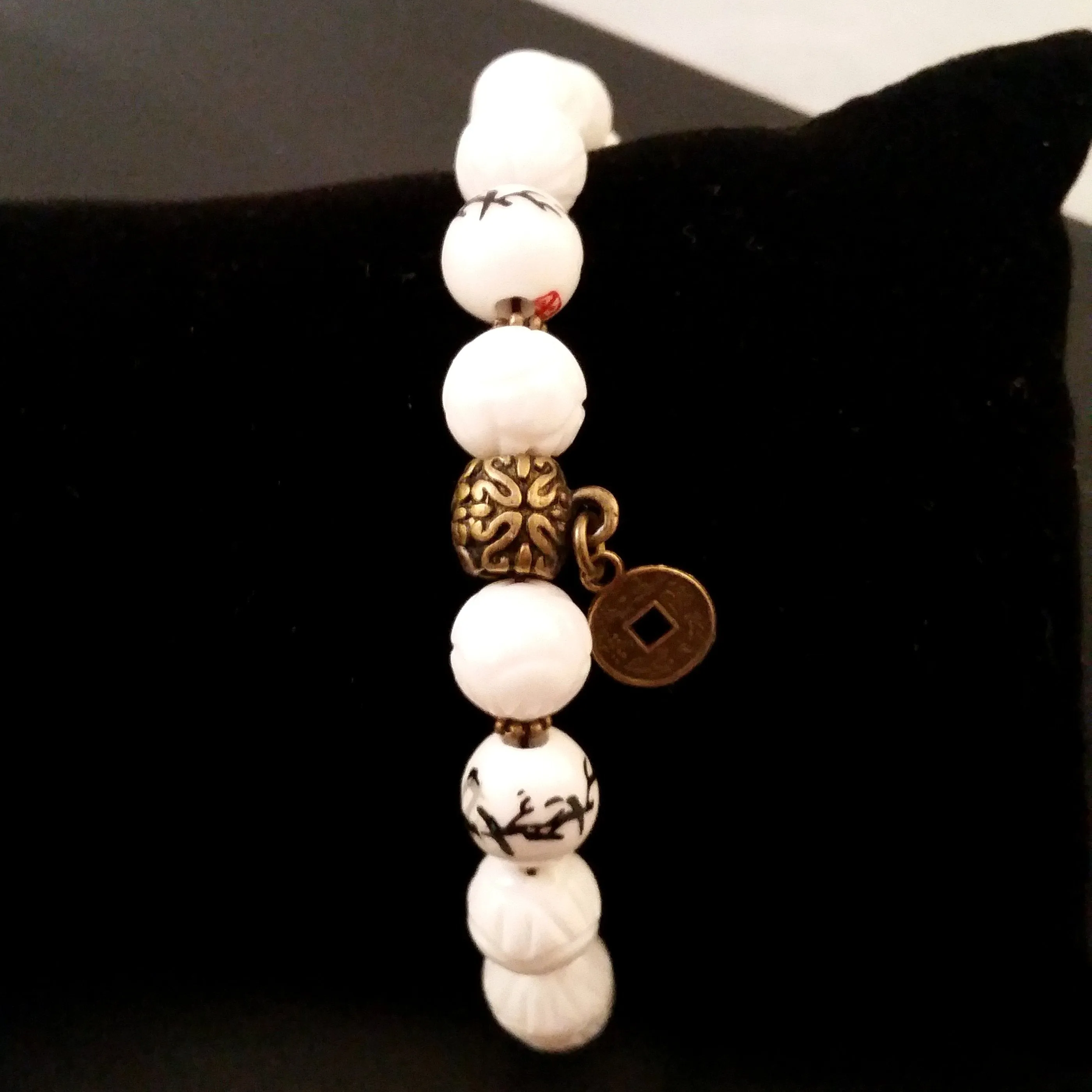 Chinoiserie Bracelet White Carved Lotus Shell Pearl Bronze Coin Stretch Accent Stack