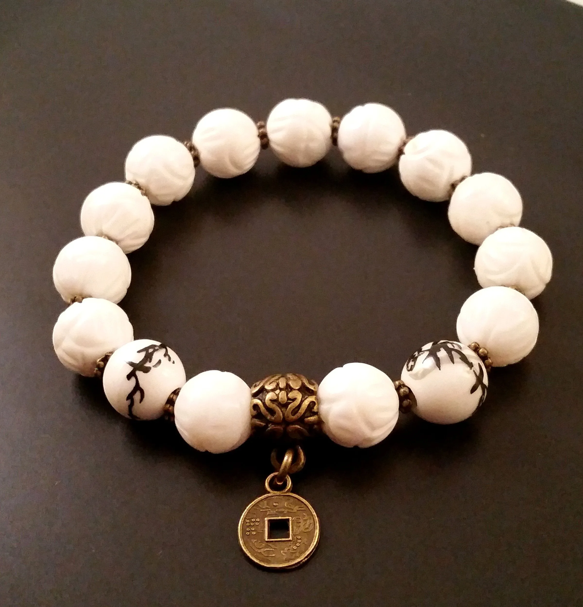 Chinoiserie Bracelet White Carved Lotus Shell Pearl Bronze Coin Stretch Accent Stack