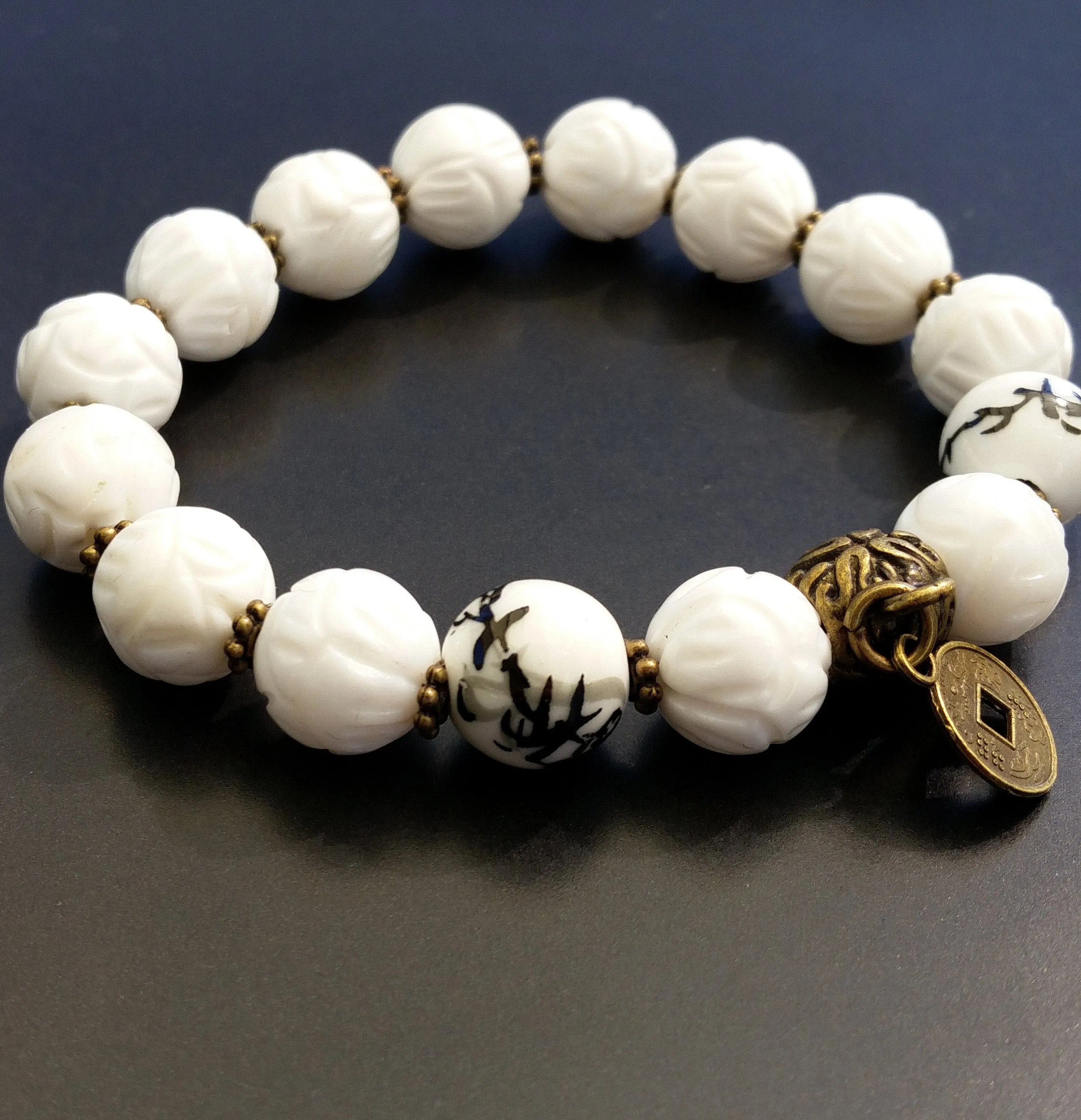 Chinoiserie Bracelet White Carved Lotus Shell Pearl Bronze Coin Stretch Accent Stack