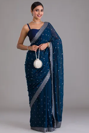 Chinon Fabric Tempting Sequins Work Saree In Navy Blue Color