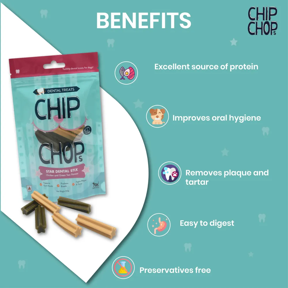 Chip Chops Star Dental Stix Chicken and Green Tea Flavored Dog Treats