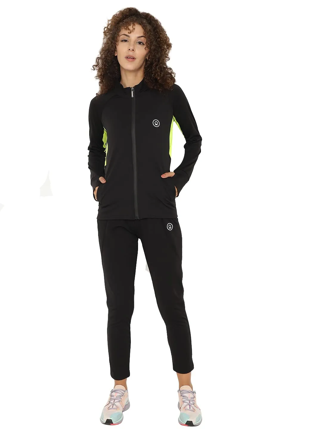 CHKOKKO Women Sports Zipper Running Winter Track Suit Set Black Neon L