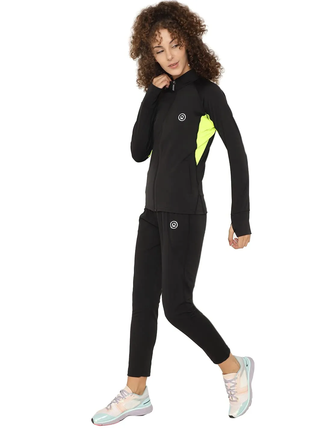 CHKOKKO Women Sports Zipper Running Winter Track Suit Set Black Neon L