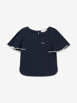 Chloé Girls Organic Cotton Flutter Sleeve T-Shirt in Navy