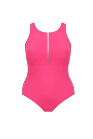 Chlorine Resistant Pink Sleeveless Zip Up One Piece