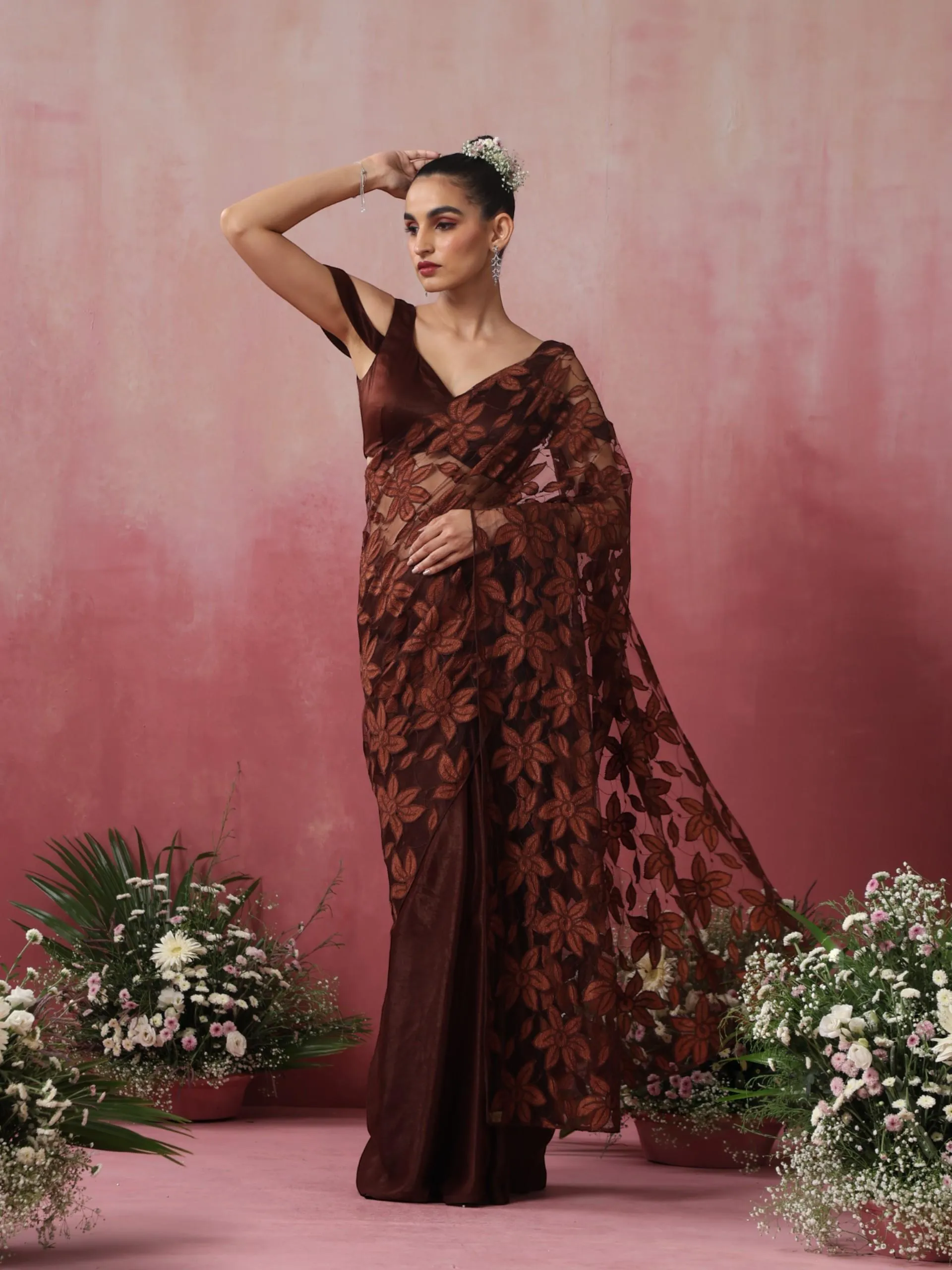 Chocolate Saree with Net Flowers and Blouse Fabric