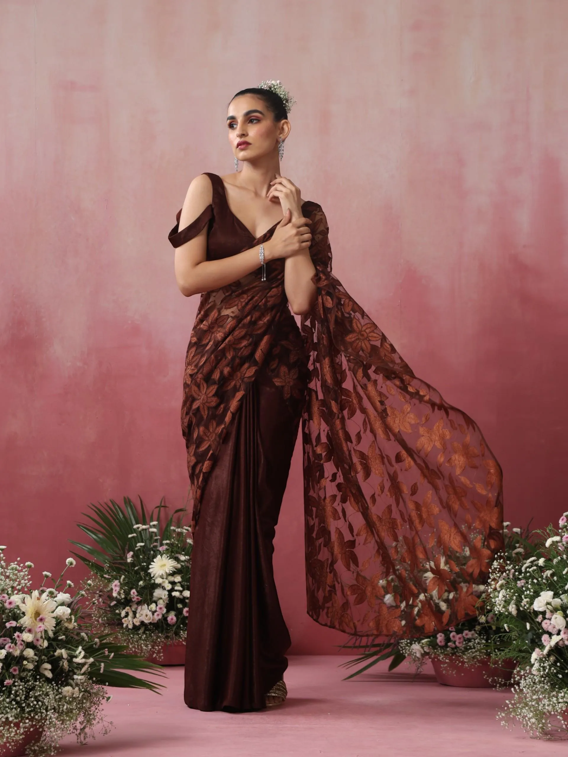 Chocolate Saree with Net Flowers and Blouse Fabric