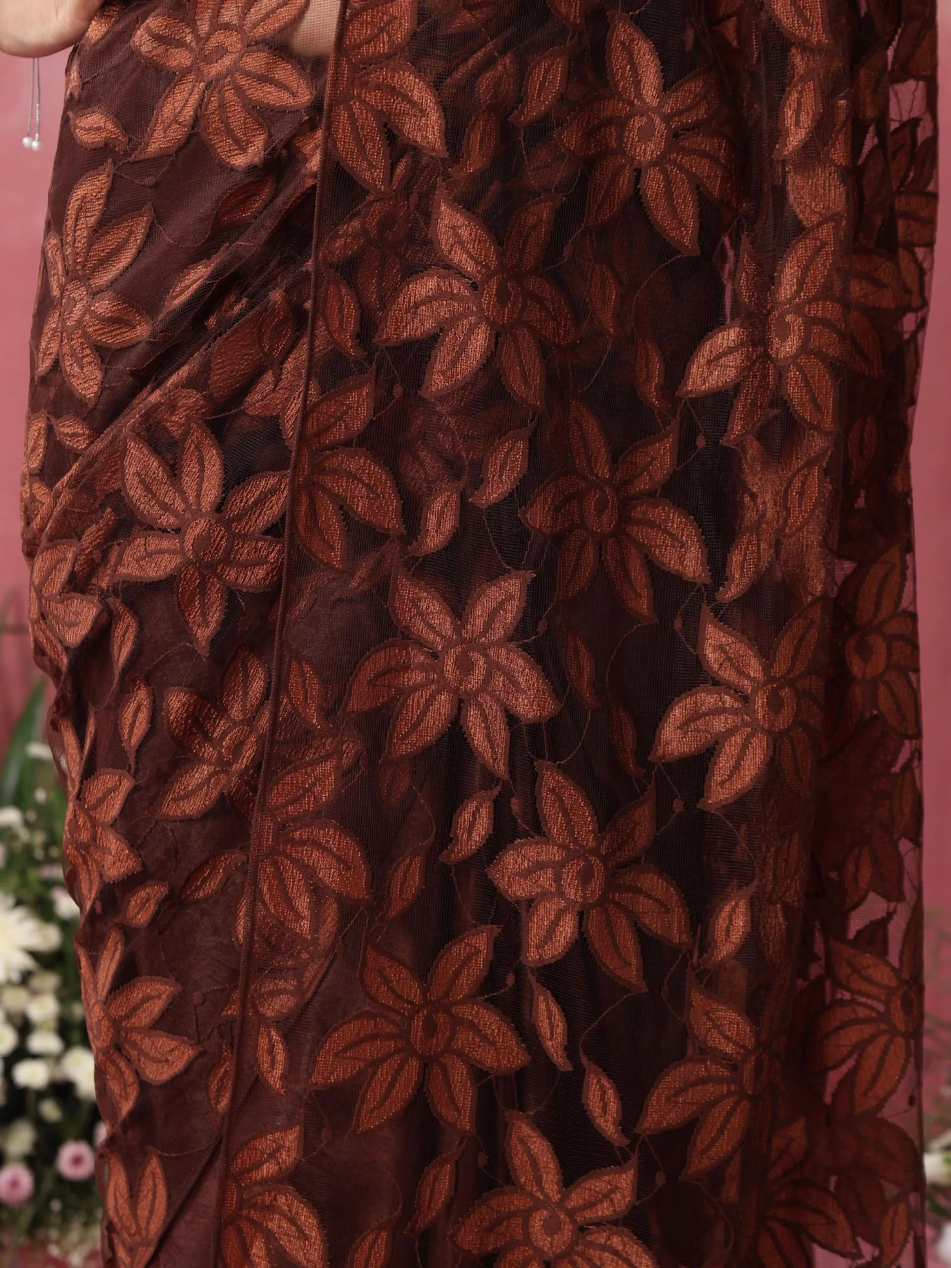 Chocolate Saree with Net Flowers and Blouse Fabric