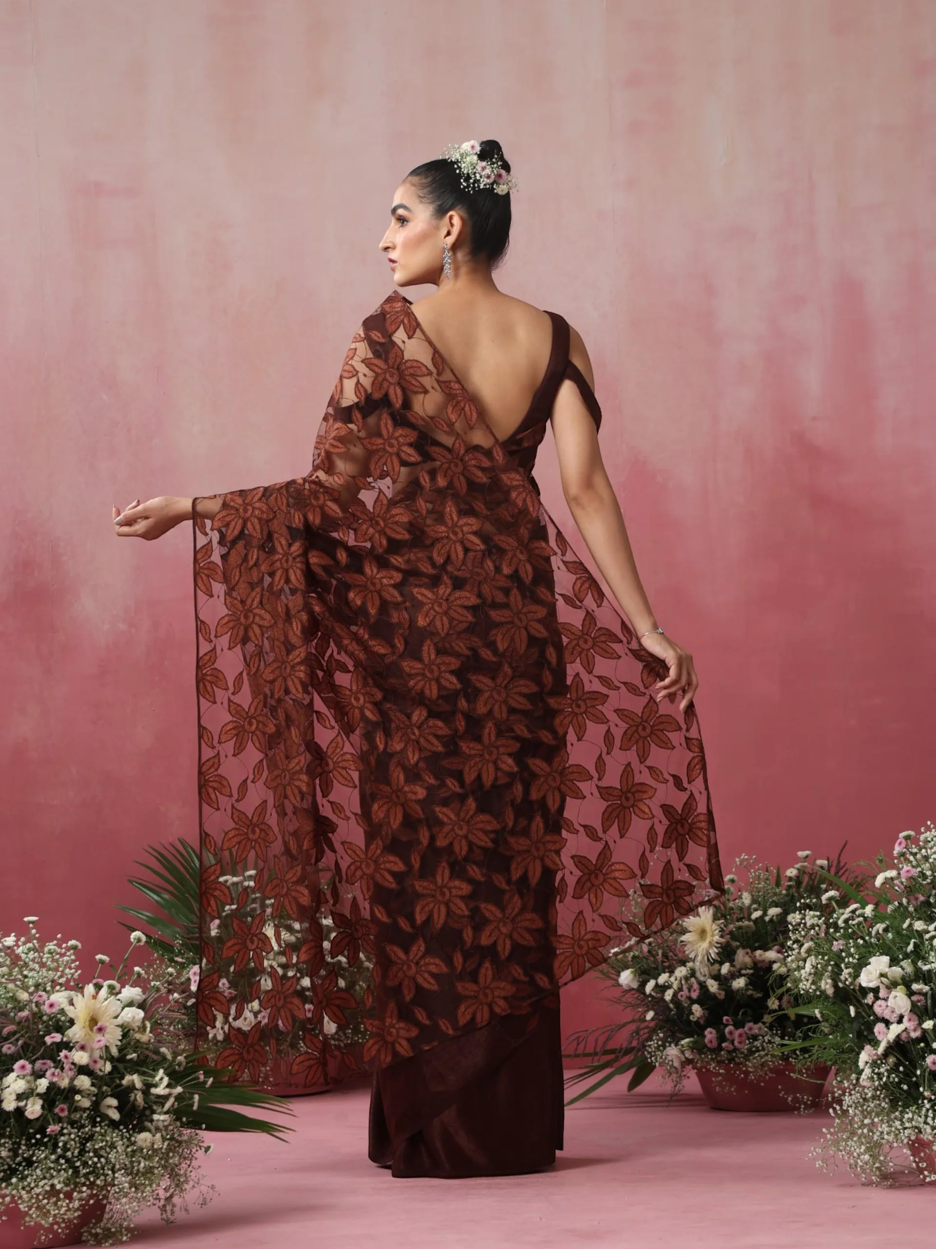 Chocolate Saree with Net Flowers and Blouse Fabric