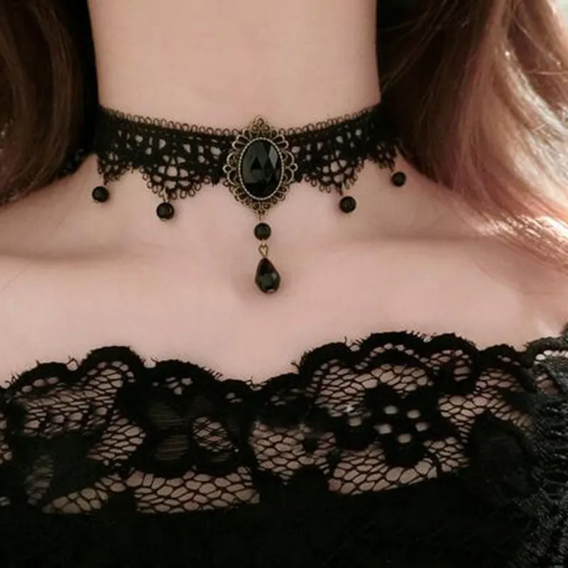 Choker Black Lace Crystal Pendant Collar Necklace