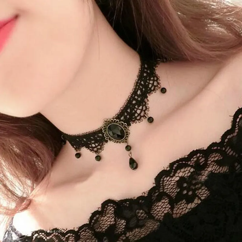 Choker Black Lace Crystal Pendant Collar Necklace