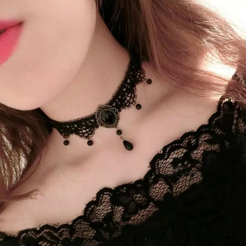 Choker Black Lace Crystal Pendant Collar Necklace