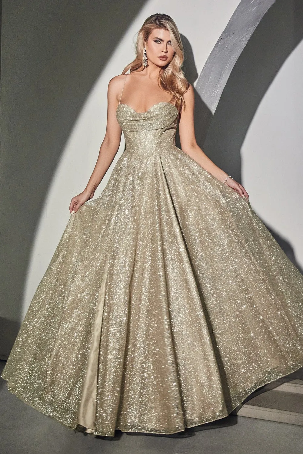 Chrissy Corset Top Glitter Fabric Ballgown Prom Dress 740252ER-ChampagneGold LaDivine CD252