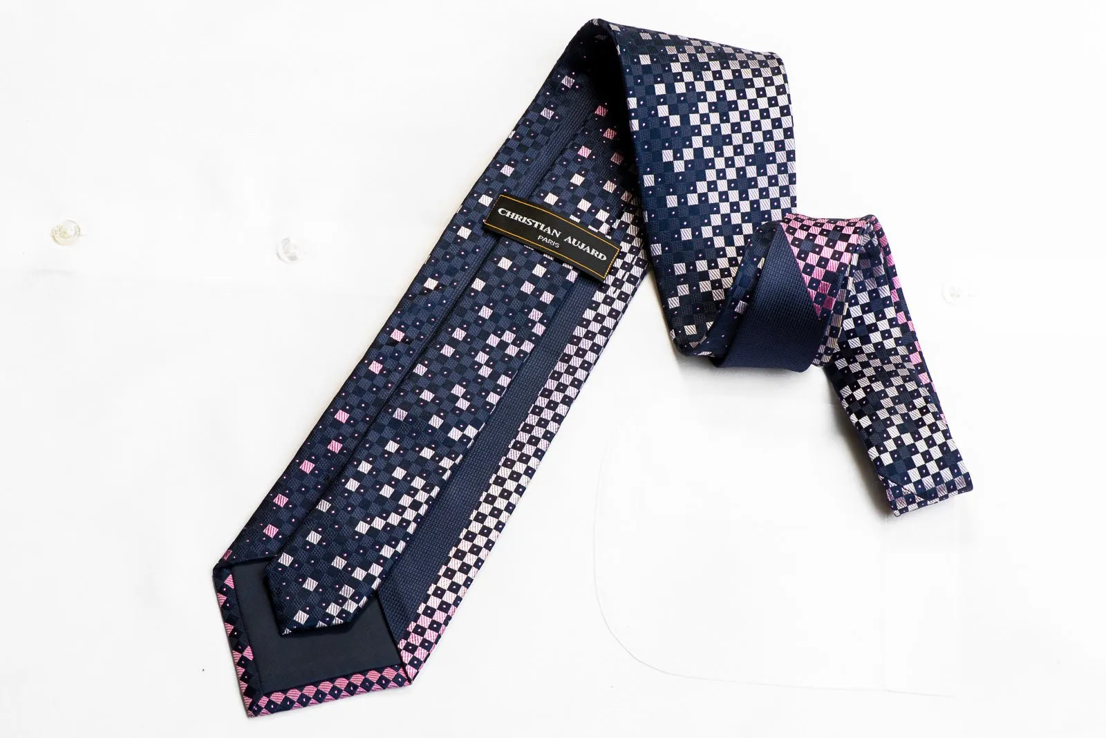 Christian Aujard Rhinestone Silk Necktie Purple Geometric On Navy With Sparkles