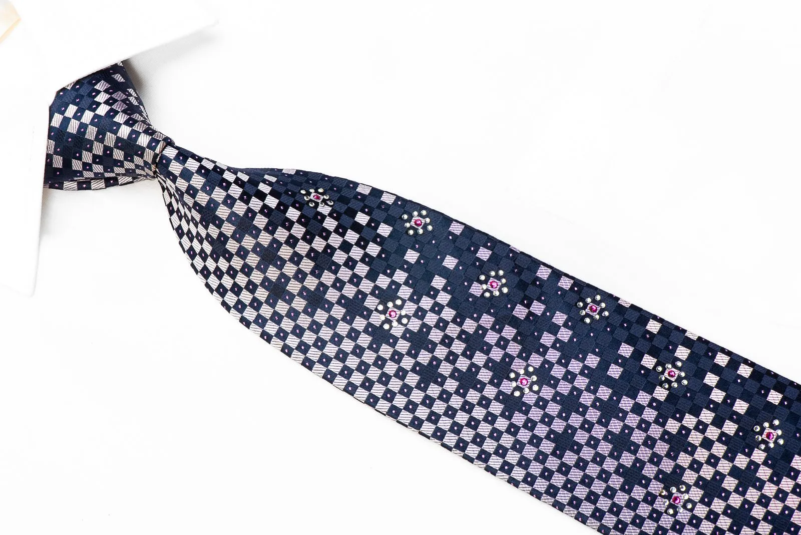 Christian Aujard Rhinestone Silk Necktie Purple Geometric On Navy With Sparkles