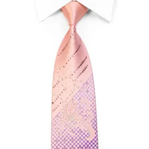 Christian Aujard Rhinestone Silk Tie Purple Checkered Scrolls On Pink