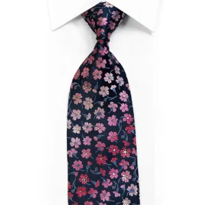 Christian Aujard Silk Necktie Pink Floral On Navy With Sparkles & Rhinestones