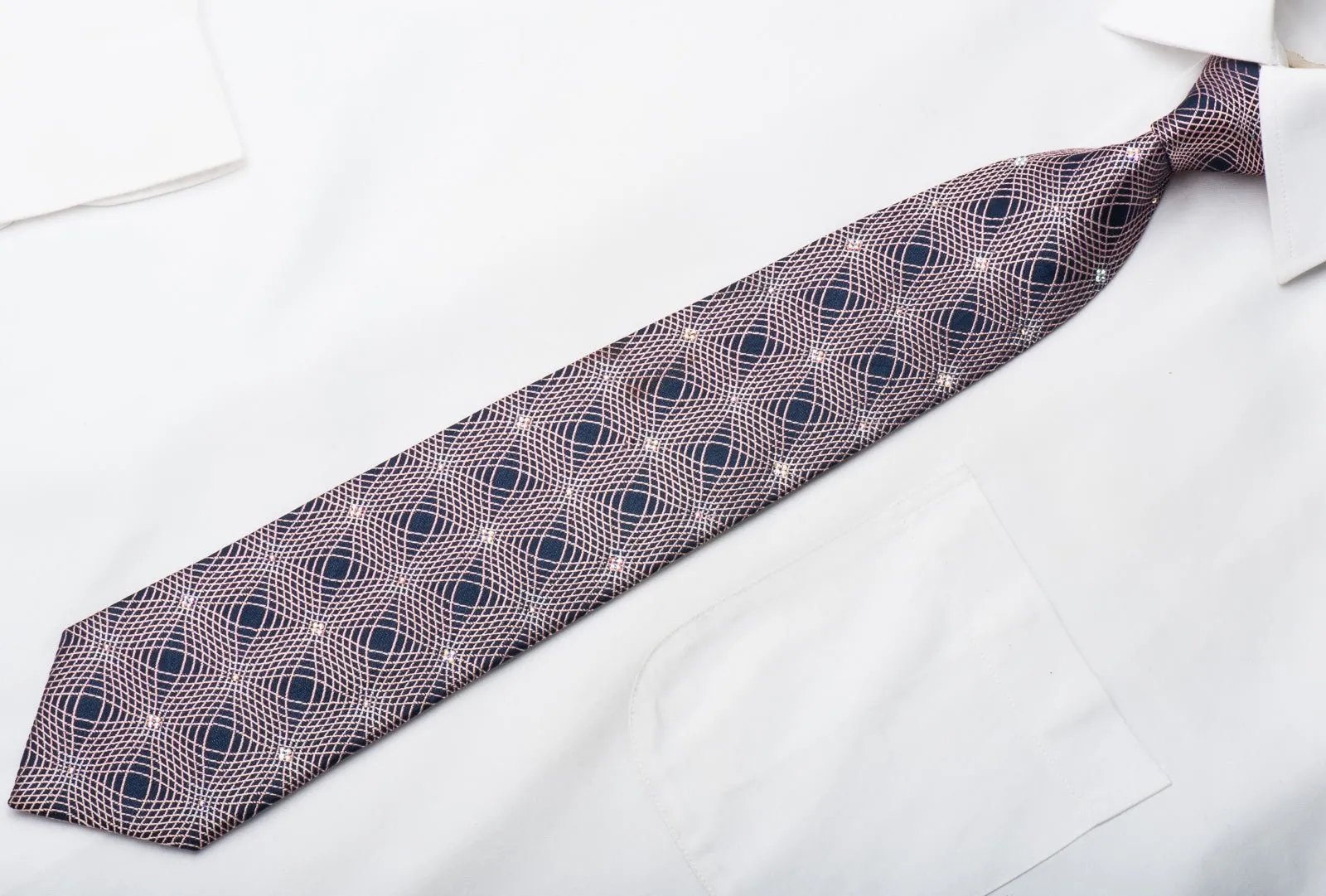 Christian Lacroix Mens Crystal Tie Pink Geometric On Navy Silk With Silver Sparkles