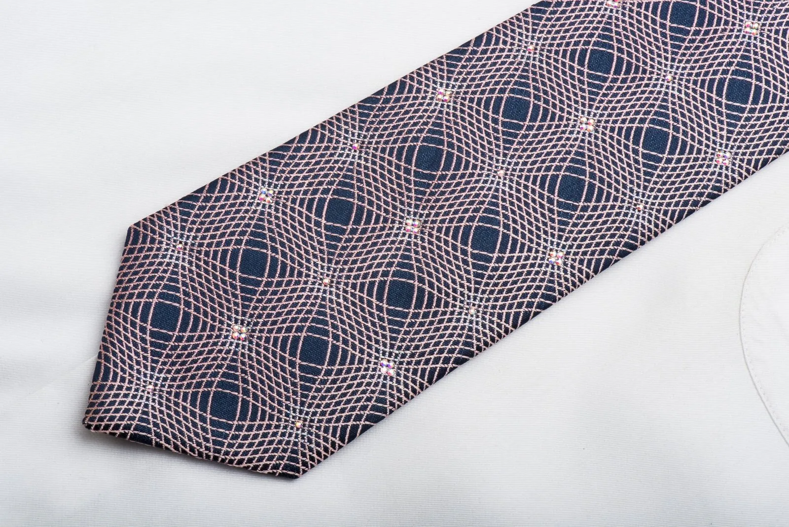 Christian Lacroix Mens Crystal Tie Pink Geometric On Navy Silk With Silver Sparkles