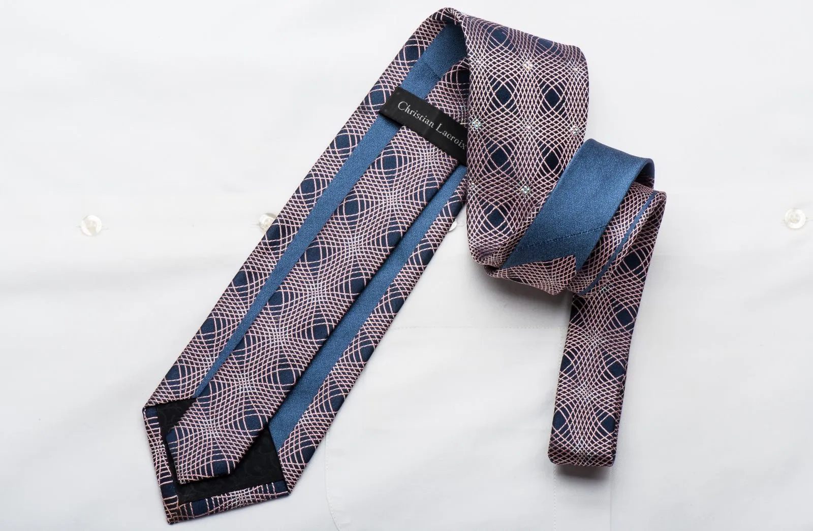 Christian Lacroix Mens Crystal Tie Pink Geometric On Navy Silk With Silver Sparkles