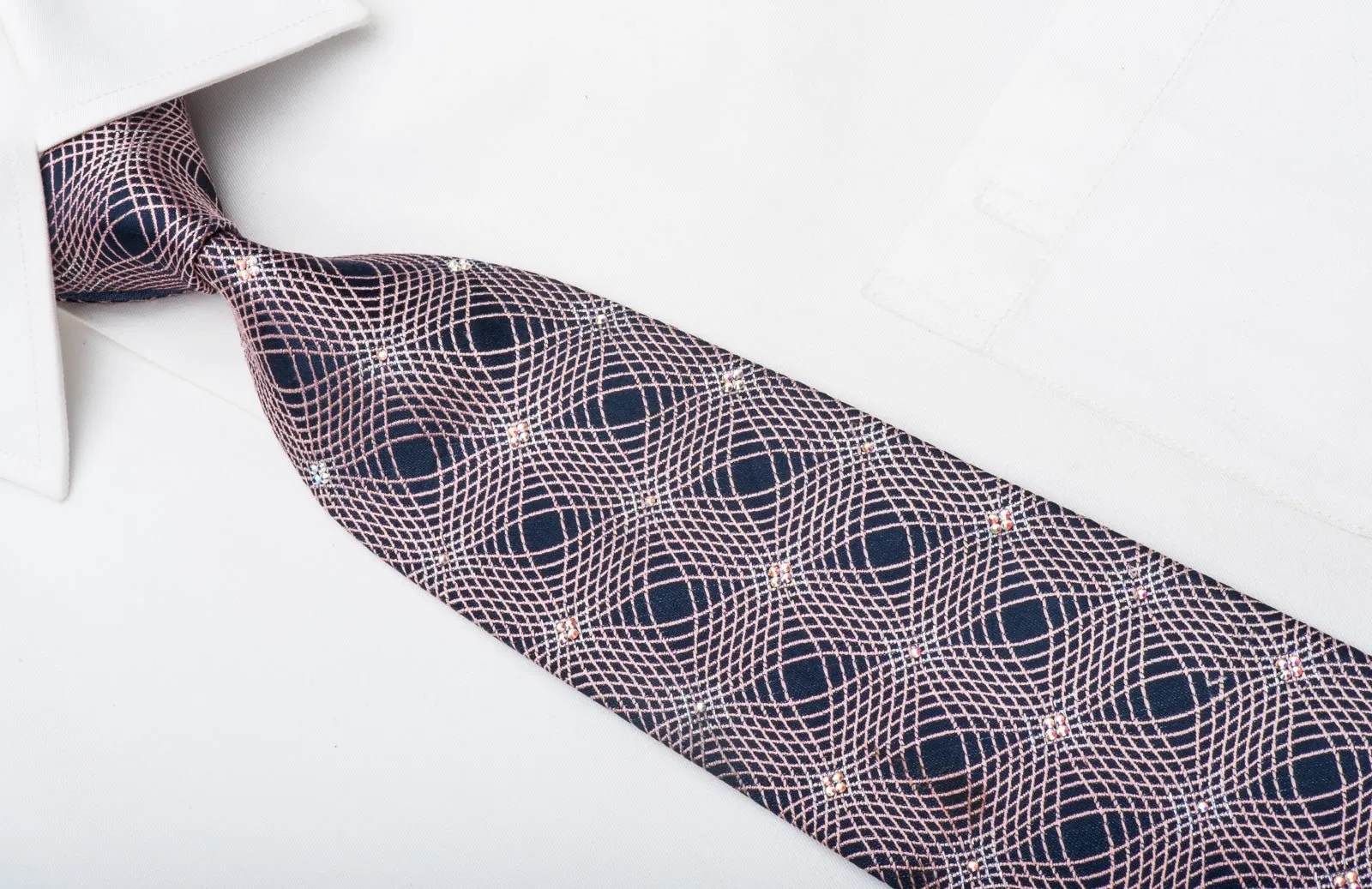 Christian Lacroix Mens Crystal Tie Pink Geometric On Navy Silk With Silver Sparkles