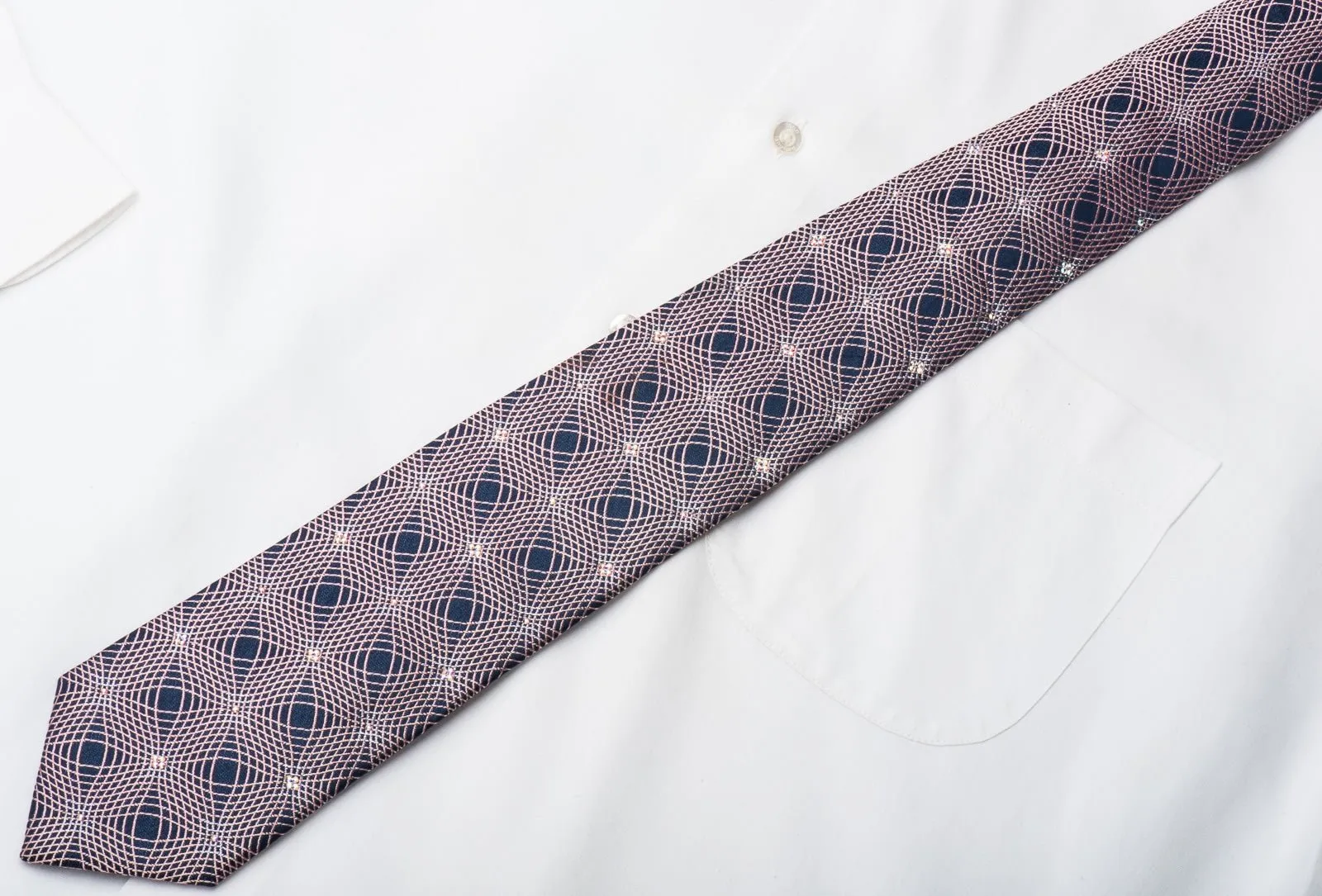 Christian Lacroix Mens Crystal Tie Pink Geometric On Navy Silk With Silver Sparkles