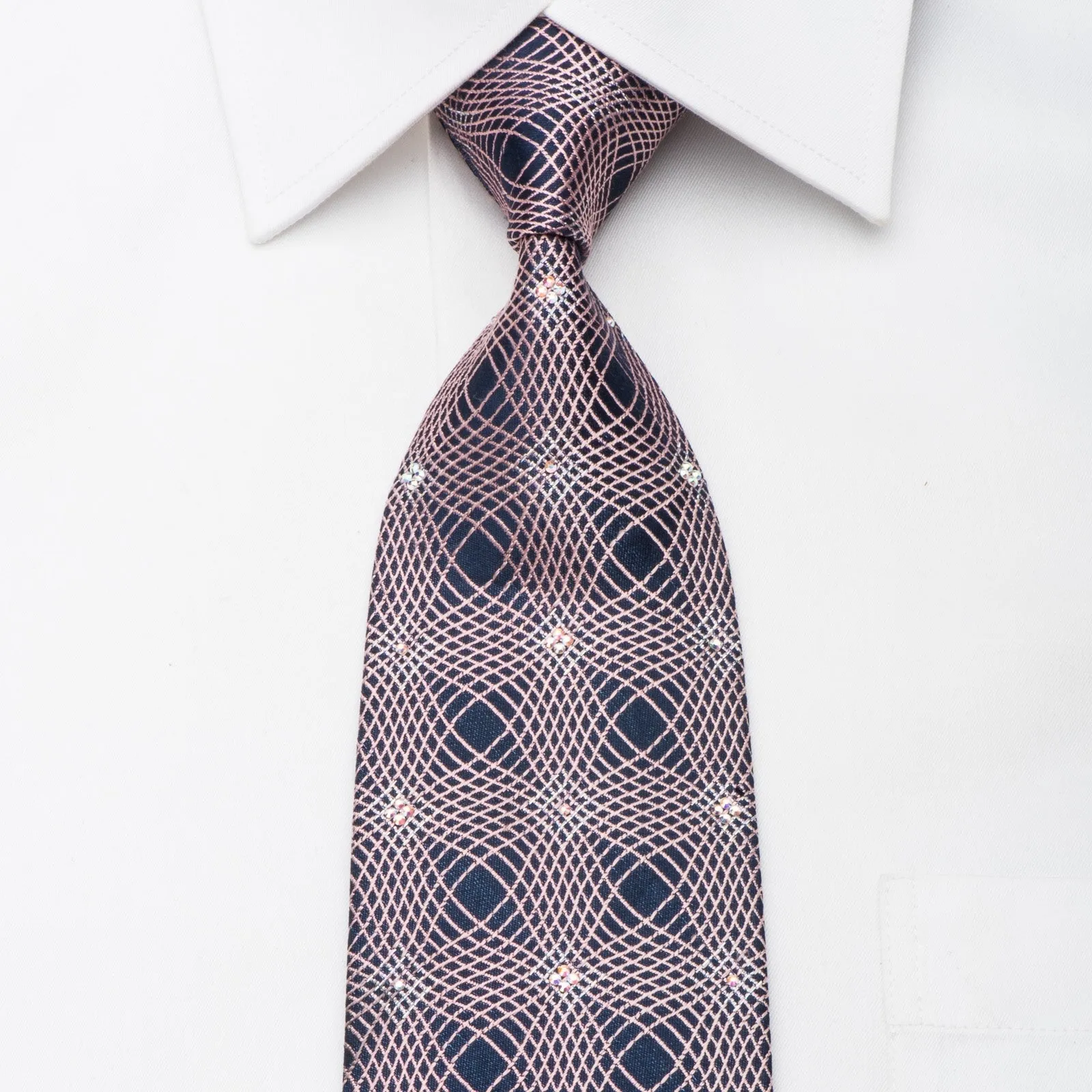 Christian Lacroix Mens Crystal Tie Pink Geometric On Navy Silk With Silver Sparkles