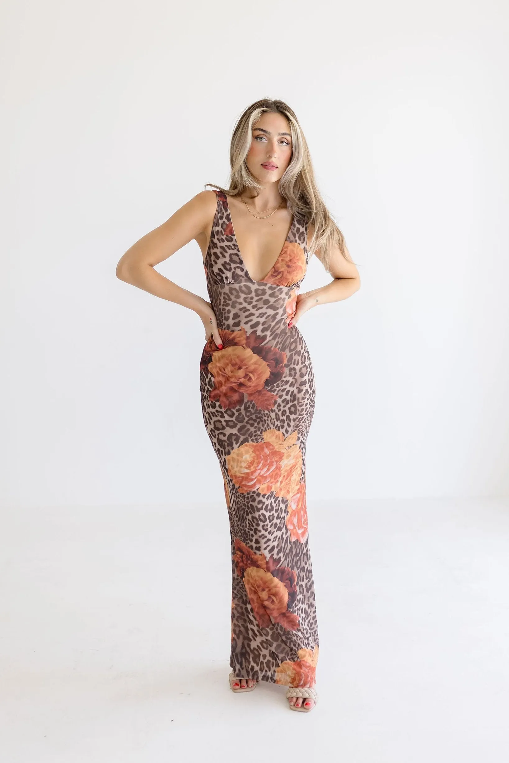 Christine Sleeveless Leopard Floral Print Maxi Dress Brown