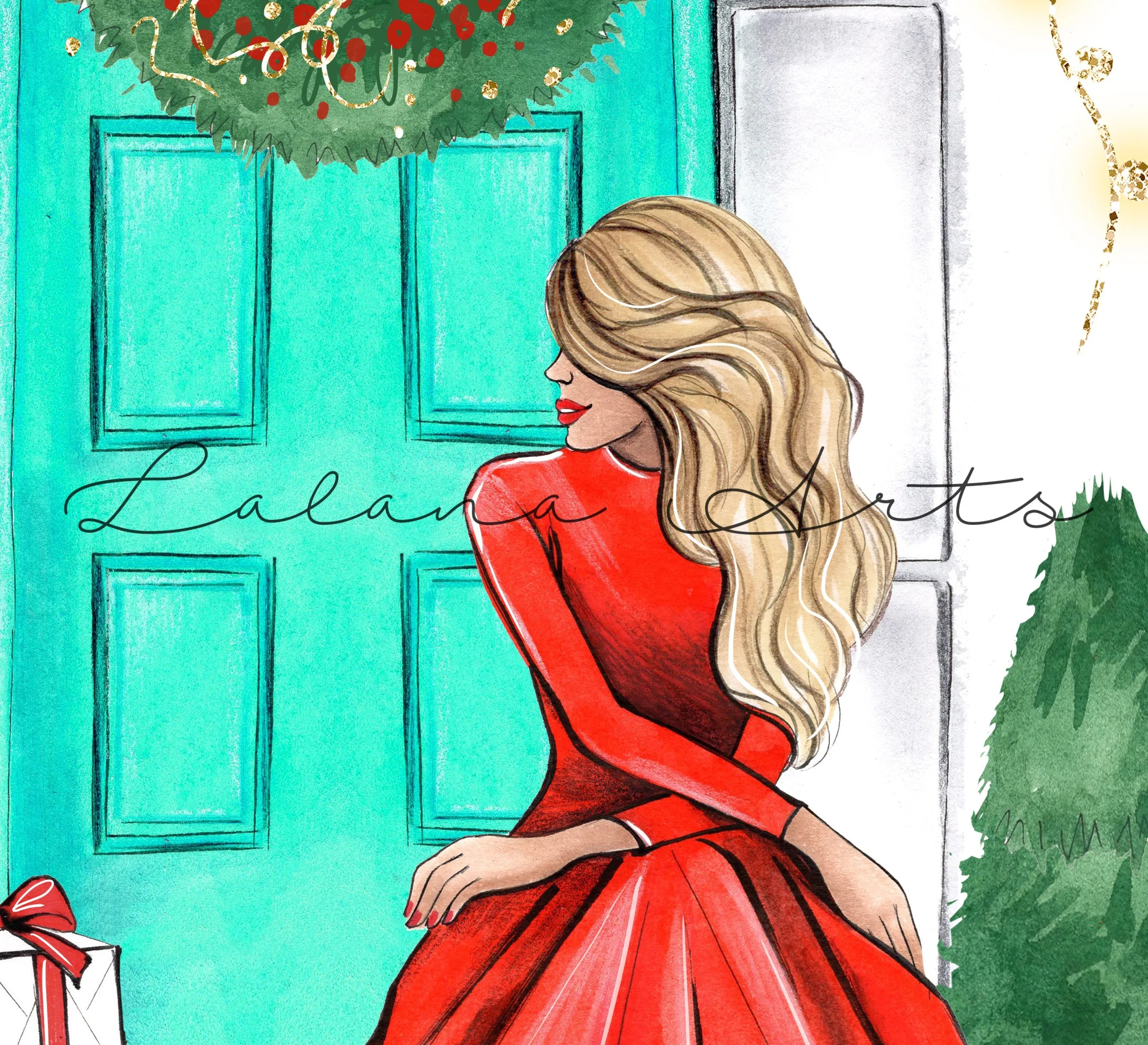 Christmas art fashion illustration of a girl in red dress sitting on stairs near door with Christmas decor