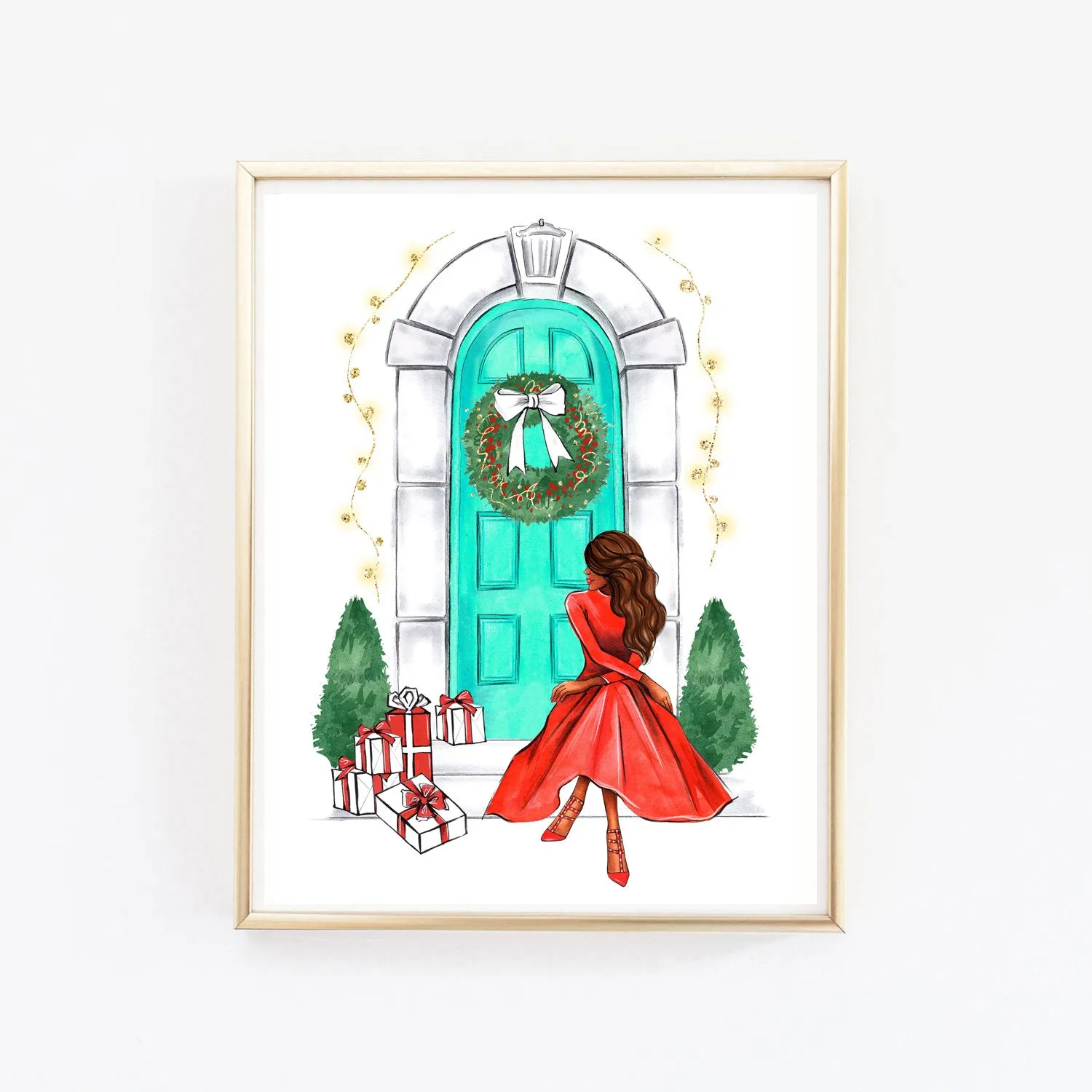 Christmas art fashion illustration of a girl in red dress sitting on stairs near door with Christmas decor