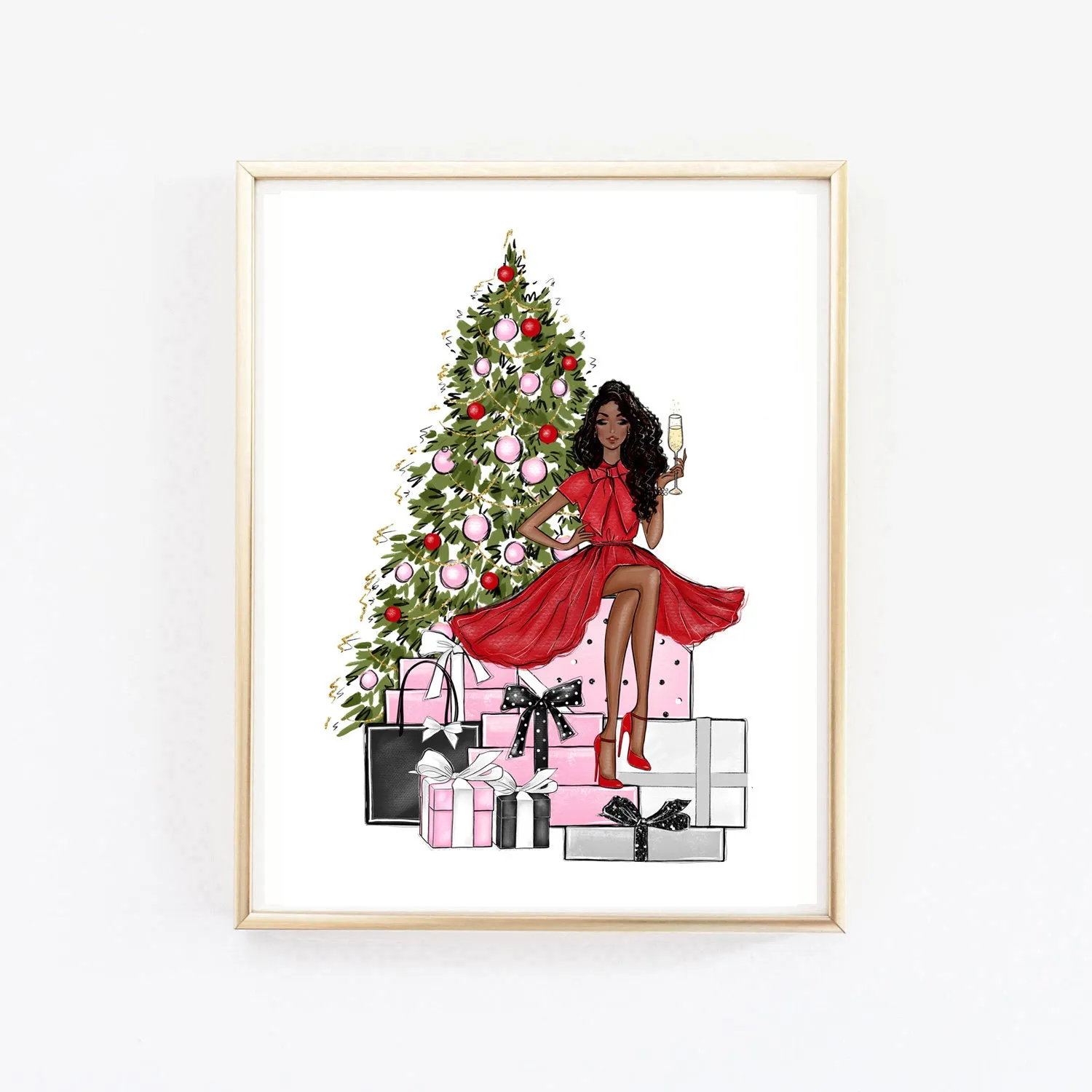 Christmas art fashion illustration of a girl on the gift boxes and Christmas tree