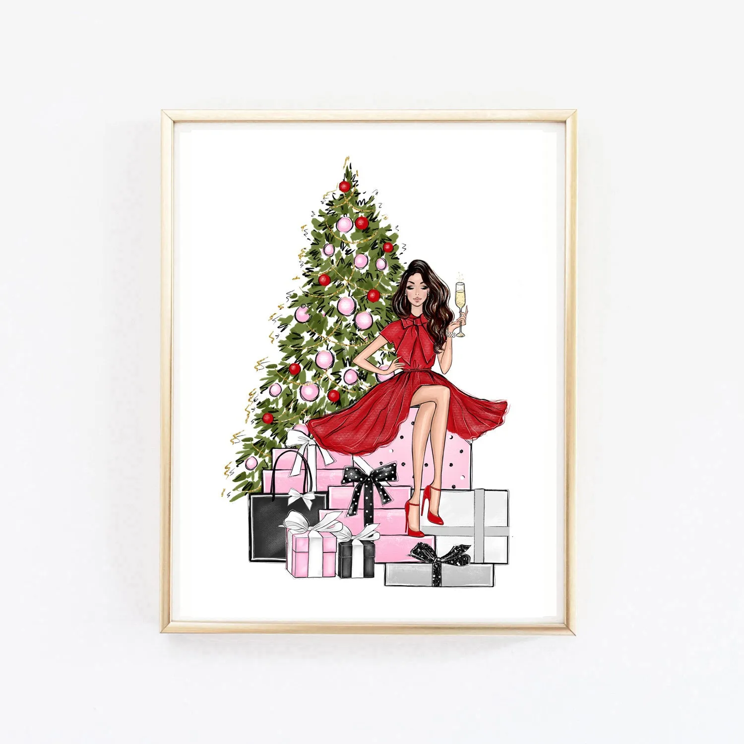 Christmas art fashion illustration of a girl on the gift boxes and Christmas tree