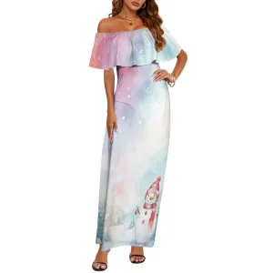 Christmas background with snowman 3 Women's Off Shoulder Ruffle Boat Neck Dress (Model D71)