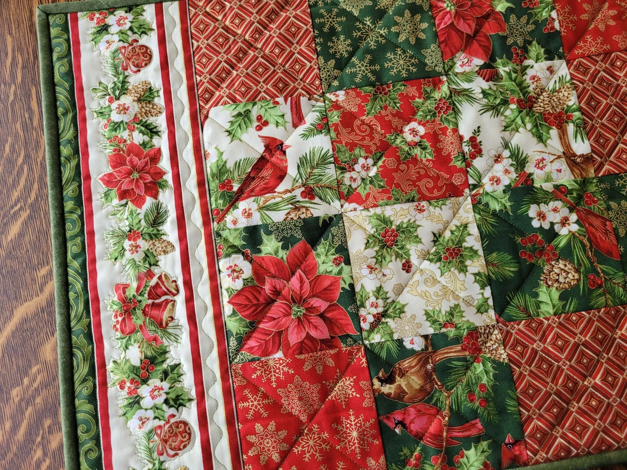 Christmas Cardinal Table Runner Quilt | Holiday Decor with Holly and Poinsettias