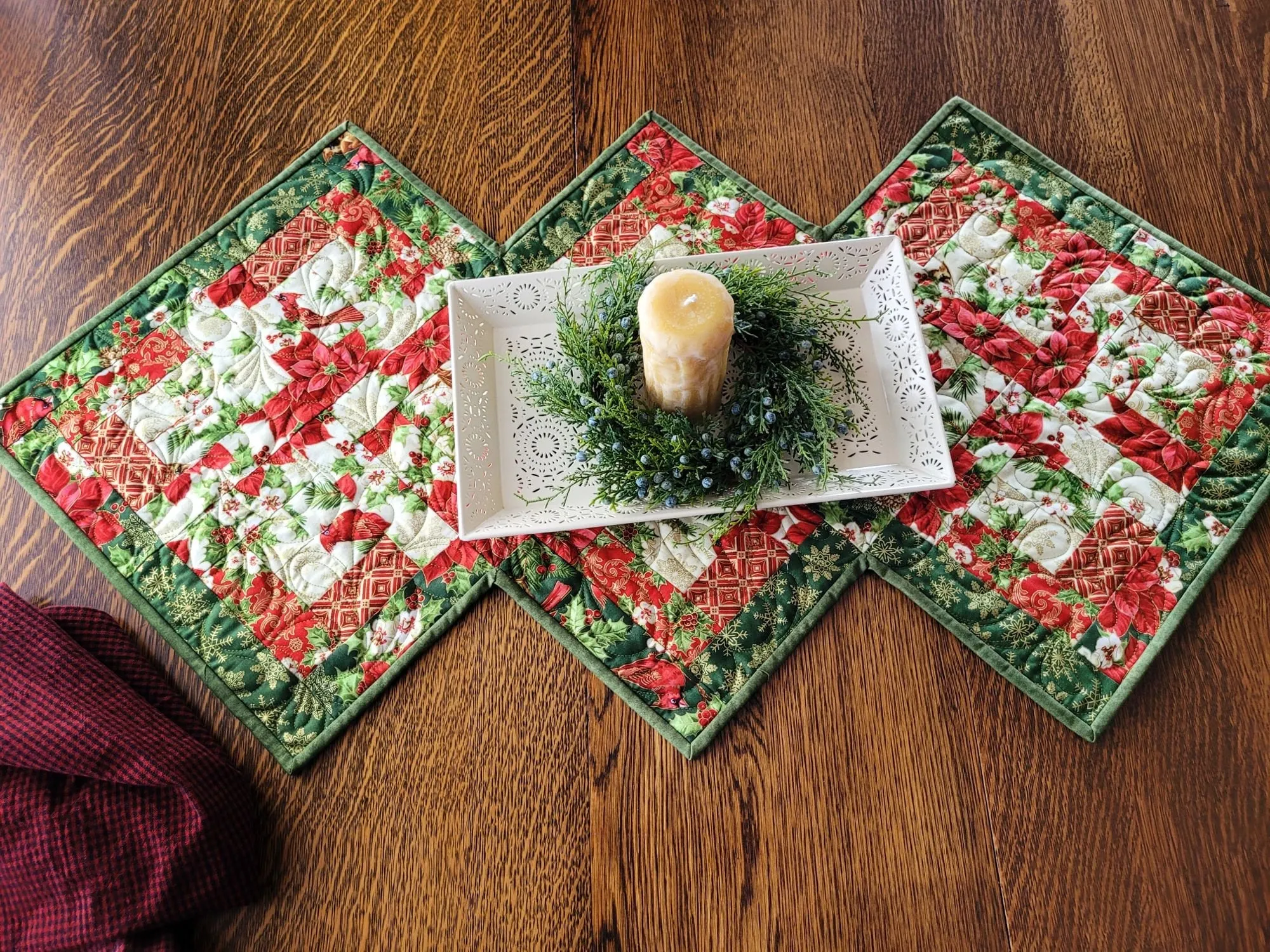 Christmas Cardinal Table Runner Quilt | Holiday Decor with Holly and Poinsettias