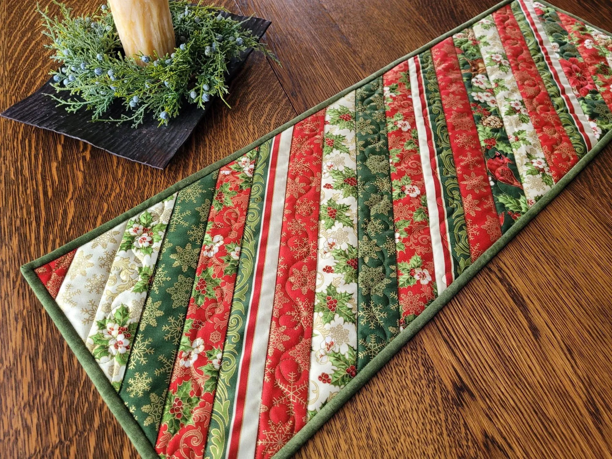 Christmas Cardinal Table Runner Quilt | Holiday Decor with Holly and Poinsettias