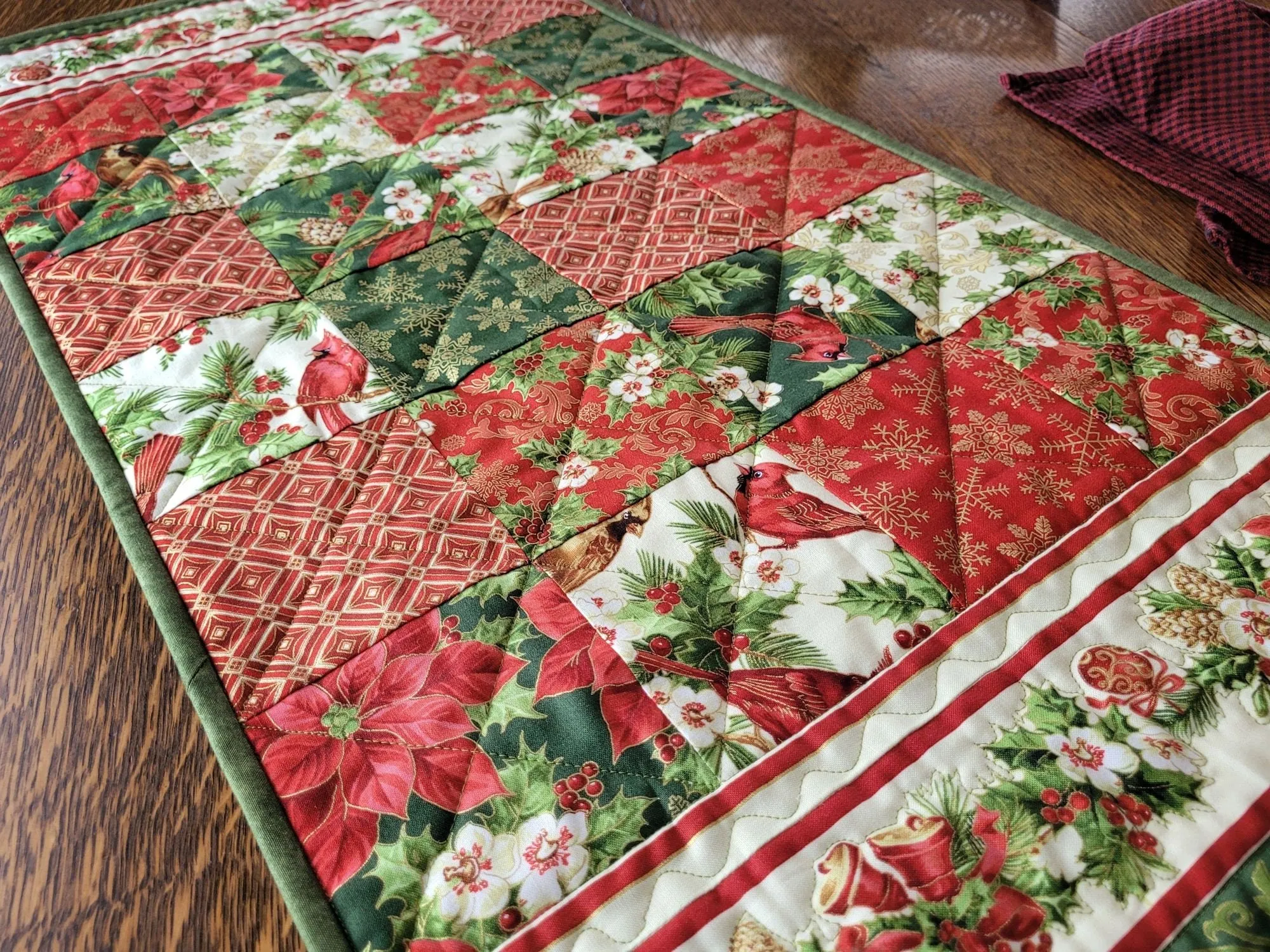 Christmas Cardinal Table Runner Quilt | Holiday Decor with Holly and Poinsettias