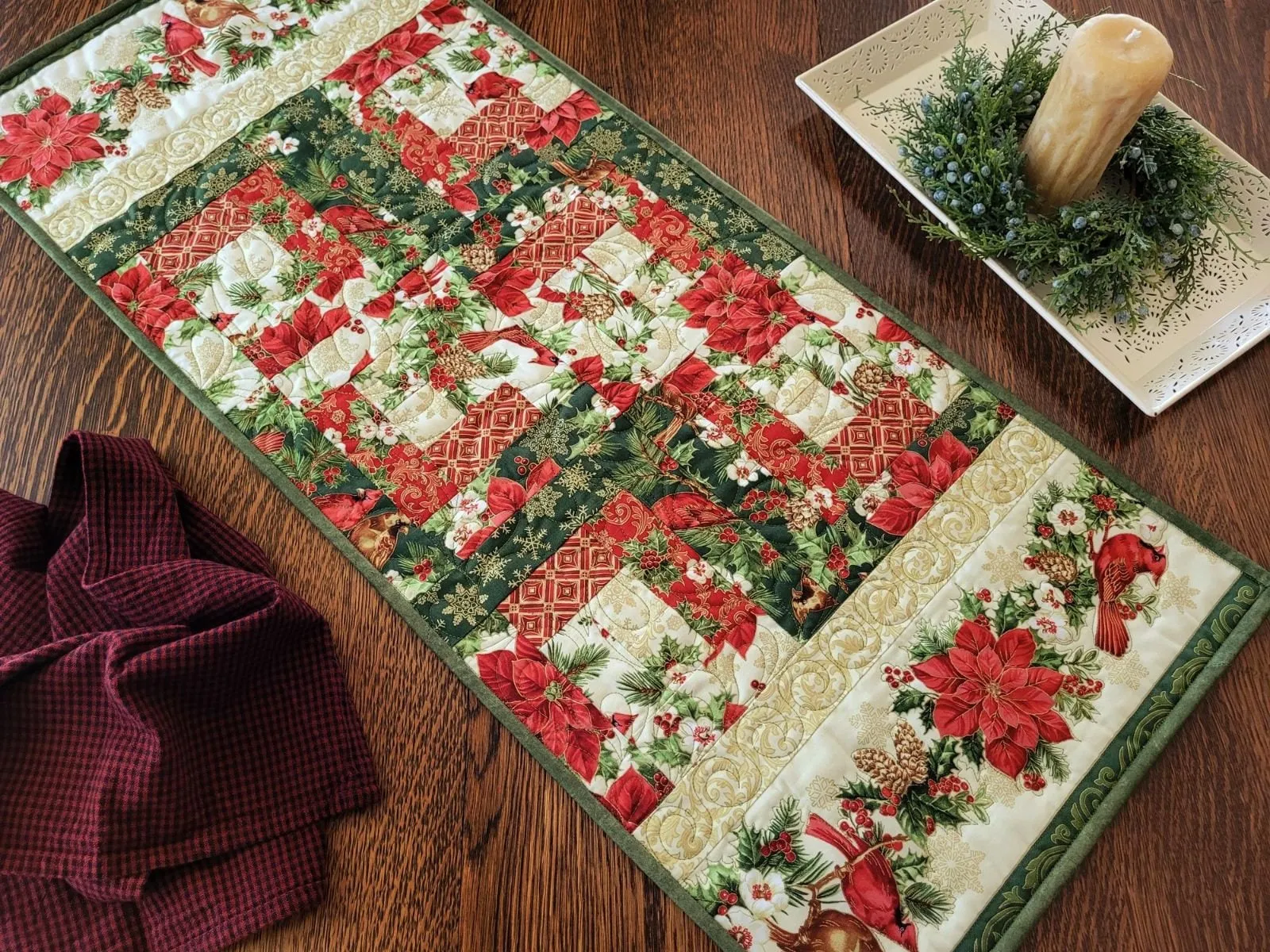 Christmas Cardinal Table Runner Quilt | Holiday Decor with Holly and Poinsettias